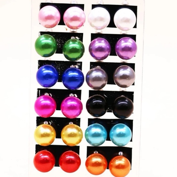 12 Pairs of Multi-color Faux Pearl, Glam, Boho, Bridal, Wedding Stud Earrings - Picture 2 of 6